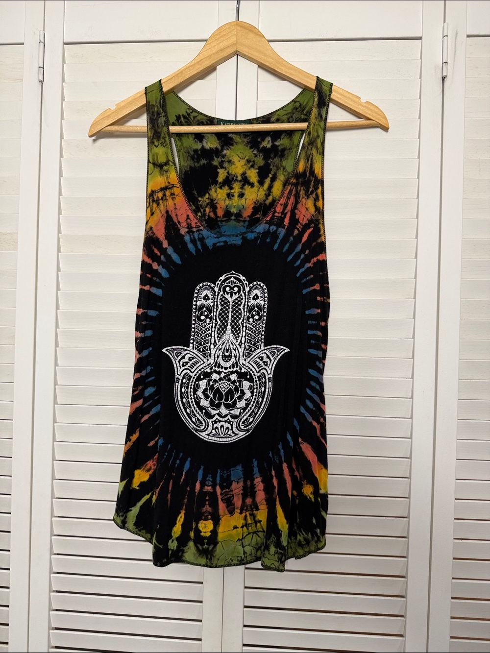 Tie-Dye Hamsa Tank Top - Black with Green, Blue & Orange